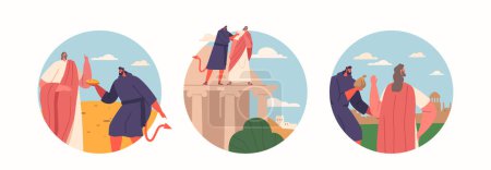 Illustration for Isolated Round Icons with Jesus Faced Three Temptations From The Devil, Refusing Each Time. The Temptations Involved Satisfying Physical Desires, Testing Gods Protection, And Seeking Worldly Power - Royalty Free Image