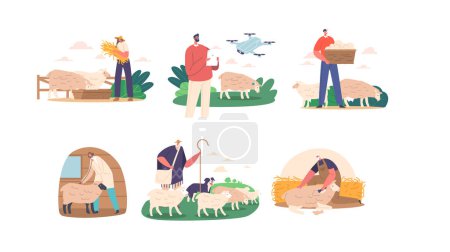 Illustration for Farmer Characters Breed And Raise Sheep For Wool, Milk, And Meat, Care For The Flocks Health, Provide Adequate Food And Shelter, And Manage Breeding And Lambing. Cartoon People Vector Illustration - Royalty Free Image