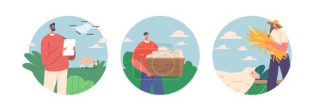 Isolierte runde Symbole mit männlichen und weiblichen Charakteren von Landwirten pflegen Schafe auf landwirtschaftlichen Nutztieren mithilfe intelligenter Technologien. Rancher verwalten Drohne, Mann mit roher Wolle. Cartoon People Vektor Illustration