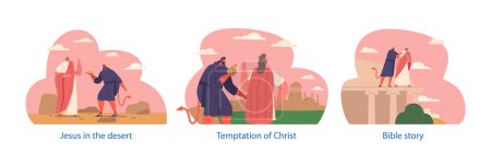 Illustration for Jesus Faced And Overcame Three Temptations From The Devil In Desert. Devil Offered Power, Fame, And Wealth, But Jesus Remained Faithful To God And Rejected Each Temptation. Cartoon Vector Illustration - Royalty Free Image