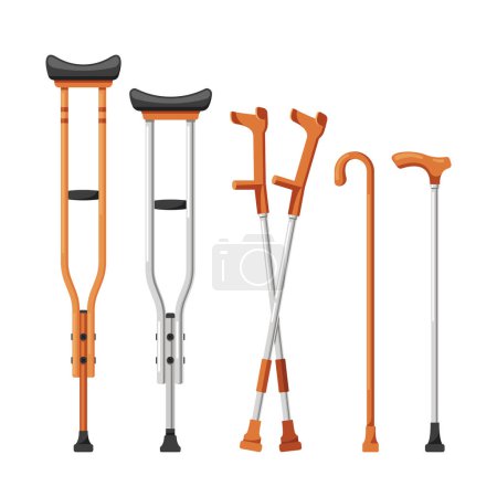 Illustration for Set Of Crutches And Walking Canes. Isolated Essential Mobility Aids To Support Those With Leg Injuries, Helping To Redistribute Weight And Increase Balance While Walking. Cartoon Vector Illustration - Royalty Free Image