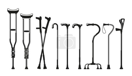 Illustration for Mobility Aids Crutches And Walking Canes Black and White Icons. Tools or Aids Provide Assistance And Stability For Individuals With Walking Difficulties Or Injuries. Cartoon Vector Illustration - Royalty Free Image
