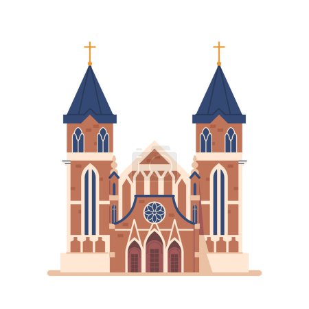 Illustration for Catholic Church Building. Tall, Majestic Structure With Ornate Architecture And Intricate Stained Glass Window. Typical Religious Architecture Isolated on White Background. Cartoon Vector Illustration - Royalty Free Image