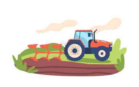 Vektor für Großer Traktor pflügt effizient riesige Felder und bereitet Boden für die Pflanzung von Pflanzen vor. Kraftvolle Maschinen manövrieren durch unwegsames Gelände, drehen Boden mit Präzision und Geschwindigkeit. Zeichentrickvektorillustration - Lizenzfreies Bild