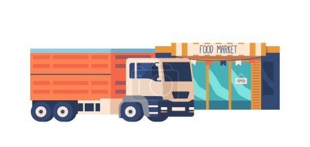 Illustration for Truck Delivers Crops For Food Market Building, Ensuring Timely And Efficient Transportation Of Fresh Produce To Meet Consumer Demands.Food Distribution in Stores. Cartoon Vector Illustration - Royalty Free Image