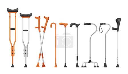 Illustration for Mobility Aids For Assistance. Set Of Crutches And Walking Canes, Providing Support And Stability, Helping Individuals With Mobility Challenges To Move Independently. Cartoon Vector Illustration - Royalty Free Image