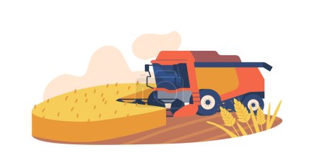 Vektor für Maschinen ernten Weizen auf dem Feld. Effizienter mechanisierter Prozess mit speziellen Geräten, um reife Weizenpflanzen zu sammeln, die Produktivität zu steigern und die manuelle Arbeit zu minimieren. Zeichentrickvektorillustration - Lizenzfreies Bild