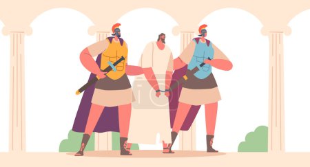 Illustration for Roman Soldier Characters Escort Chained Jesus To Pontius Pilate For His Trial, A Pivotal Moment In History That Would Shape The Fate Of Jesus And Christianity. Cartoon People Vector Illustration - Royalty Free Image