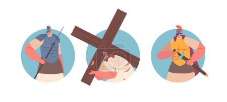 Illustration for Isolated Round Icons Jesus Carrying The Cross, and Roman Soldier Characters. Biblical Scene Depicting The Sacrificial Journey, Symbolizing Suffering, And Salvation. Cartoon People Vector Illustration - Royalty Free Image