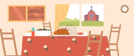Illustration for Kitchen Interior with Turkey on Table, Church View From Window. Perfect Setting For A Holiday Feast With A Serene Ambiance And A Scenic View. Christian Family Apartment. Cartoon Vector Illustration - Royalty Free Image