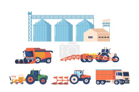 Illustration for Tractors, Combines, Plows, Harvesters, Farm Machinery For Planting, Cultivating, Harvesting, And Processing Crops. They Improve Efficiency And Productivity On Farms. Cartoon Vector Illustration - Royalty Free Image