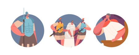 Illustration for Jesus Trial At Pontius Pilate Isolated Round Icons. Pivotal Moment In Christian History, Where Messiah Was Questioned, Judged, And Condemned To Crucifixion. Cartoon People Vector Illustration - Royalty Free Image