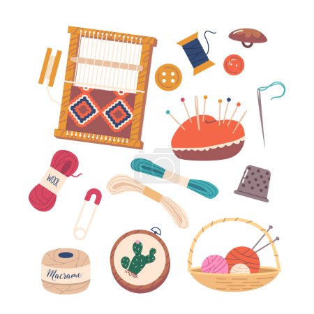 Ilustración de Juego de herramientas para la creación y elaboración de accesorios, incluyendo lana y hilo de macramé, dedal, grillos para tejer, bordados, agujas para entusiastas de bricolaje y joyeros. Ilustración de vectores de dibujos animados - Imagen libre de derechos