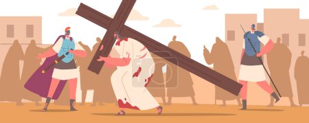 Ilustración de Jesús Carácter lleva una cruz de madera en sus hombros hacia su crucifixión. Está rodeado de soldados romanos, una Virgen llorando María, y una multitud de espectadores. Dibujos animados Gente Vector Ilustración - Imagen libre de derechos