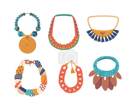 Illustration for Collection Of Colorful Beads And Necklaces In Different Sizes And Shapes, Perfect For Creating Unique And Personalized Jewelry Pieces. Handmade Boho or Folk Style Items. Cartoon Vector Illustration - Royalty Free Image
