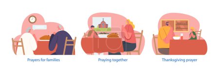 Ilustración de Los personajes de la familia cristiana se reúnen para orar antes de comer, expresar gratitud, buscar bendiciones y fortalecer su fe a través de elementos aislados de oración comunitaria. Ilustración de vectores de dibujos animados - Imagen libre de derechos