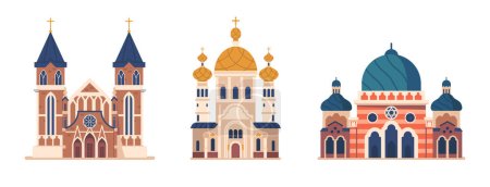 Illustration for Religious Architecture, Catholic and Orthodox Church and Mosque, Embodying Faith And Spirituality, Intricate Designs, Soaring Arches, Majestic Domes, And Sacred Symbols, Cartoon Vector Illustration - Royalty Free Image