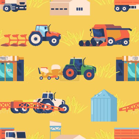 Illustration for Farm Machinery Seamless Pattern. Repeating Design Featuring Various Agricultural Equipment Such As Tractors, Harvesters, Plows, And Combines, Fabric, Wallpaper, Textile. Cartoon Vector Illustration - Royalty Free Image