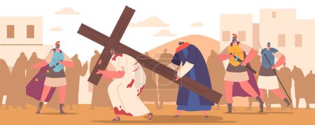 Illustration for Grim Biblical Scene, Jesus The Heavy Cross with Help of Simon Of Cyrene. His Face Etched With Pain on His Way Towards Crucifixion, Surrounded By A Sorrowful Crowd. Cartoon People Vector Illustration - Royalty Free Image