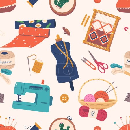 Illustration for Seamless Pattern With Tools For Creating Accessories, Perfect For Diy Enthusiasts. Tile with Crafting Tools Such As Scissors, Needles, And Thread, For Accessory Makers. Cartoon Vector Illustration - Royalty Free Image