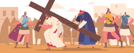 Illustration for Jesus, Burdened With The Weight Of Cross with Simon Of Cyrene Helps him to Walk The Path Of Sacrifice And Redemption, Embodying Ultimate Sacrifice For Humanitys Salvation. Cartoon Vector Illustration - Royalty Free Image