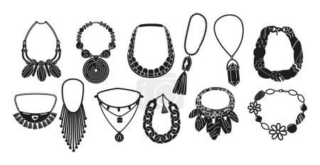 Illustration for Elegant Collection Of Monochrome Beads And Necklaces, Featuring Timeless Designs That Exude Sophistication And Versatility For Any Occasion. Black and White Jewelry Icons. Cartoon Vector Illustration - Royalty Free Image