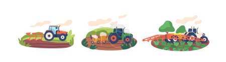 Illustration for Tractor Plows, Sows Seeds, And Waters Plants Efficiently, Ensuring Proper Cultivation And Growth of Cereals and Vegetables. Industrial Cultivation Stages on Farmland. Cartoon Vector Illustration - Royalty Free Image