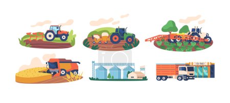 Illustration for Stages Of Cultivation And Crop. Preparation and Plowing Soil, Sowing, Watering, Growth, Harvesting and Keeping Crops in Special Facilities. Farming Agricultural Works. Cartoon Vector Illustration - Royalty Free Image