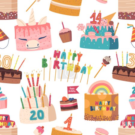 Illustration for Colorful, Delicious, And Celebratory, Festive Cakes Seamless Pattern Featuring A Variety Of Birthday Cakes And Desserts, Perfect For Adding A Joyful Touch To Any Occasion. Cartoon Vector Illustration - Royalty Free Image