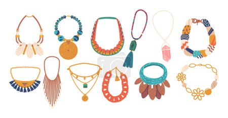 Illustration for Colorful Collection Of Beads And Necklaces, Perfect For Accessorizing And Adding A Touch Of Style To Any Outfit. Versatile And Eye-catching Designs For All Occasions. Cartoon Vector Illustration - Royalty Free Image