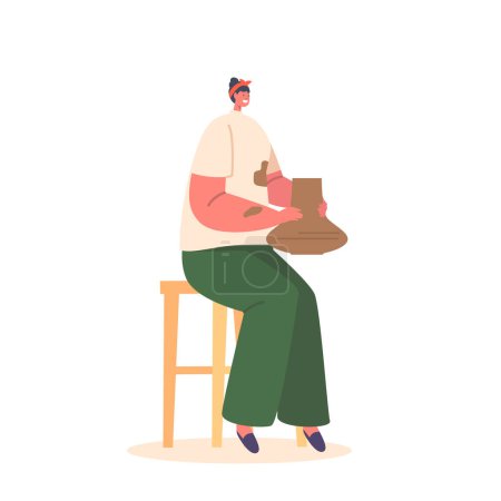 Illustration for Skilled Potter Woman Expertly Shaping Clay On A Wheel, Creating A Beautiful Pottery Piece. Female Character Delicately Mold The Clay, Bringing Artistry To Life. Cartoon People Vector Illustration - Royalty Free Image