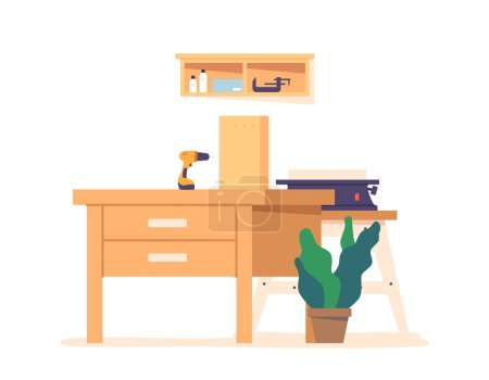 Illustration for Carpentry Workshop Interior with Wooden Workbench, Drill and Board. Assorted Hand Tools, Shelf with Power Tools, Lumber, Work-in-progress Projects, Organized Tool Rack. Cartoon Vector Illustration - Royalty Free Image