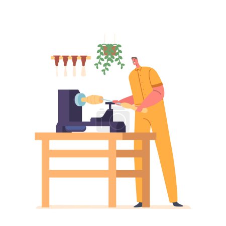 Illustration for Skilled Carpenter Male Character Working In A Carpentry Workshop, Crafting And Shaping Wood With Precision Tools To Create Functional And Aesthetically Pleasing Furniture And Structures. Illustration - Royalty Free Image