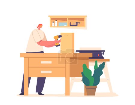 Illustration for Skilled Female Carpenter Character Work In A Carpentry Workshop, Drilling and Assembling Wood Materials To Create Custom Furniture, With Expertise And Craftsmanship. Cartoon People Vector Illustration - Royalty Free Image