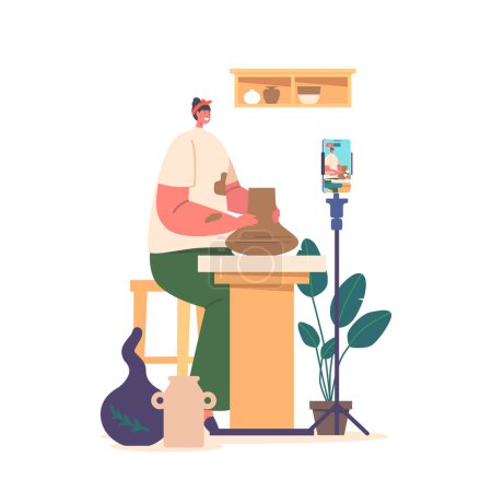 Illustration for Potter Female Character Produce Pots and Record Video Tutorials. Skilled Woman Shaping Pottery On Wheel, Using Her Hands To Mold And Form Clay Into Beautiful And Unique Creations. Vector Illustration - Royalty Free Image