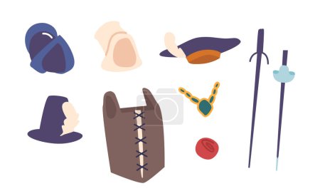 Ilustración de Conjunto de accesorios opulentos e intrincados de la época renacentista, con joyas adornadas, sombreros elaborados, espadas, corsé, sombreros campesinos y guerreros. Dibujos animados Gente Vector Ilustración - Imagen libre de derechos