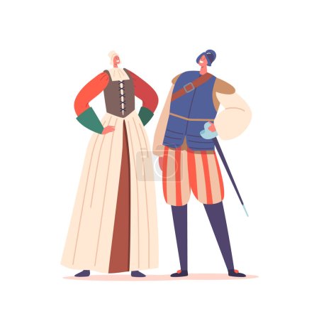 Ilustración de Mujer Campesina y Hombre Soldado Personajes Usar trajes de la era renacentista, Reflejando las tendencias de la moda de los siglos 14 a 17 con detalles intrincados. Dibujos animados Gente Vector Ilustración - Imagen libre de derechos
