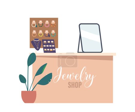 Illustration for Elegant Jewelry Shop Showcase Displaying Stunning Collection Of Precious Gems, Diamonds, Intricate Designs. A Perfect Blend Of Luxury, Craftsmanship, And Sophistication. Cartoon Vector Illustration - Royalty Free Image