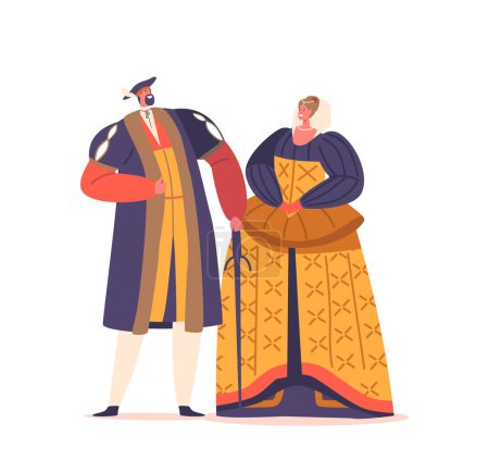 Ilustración de Personajes masculinos y femeninos elegantemente vestidos en trajes de la era renacentista, adornados con ricas telas y accesorios opulentos, que reflejan la moda y el estilo del período histórico, ilustración - Imagen libre de derechos