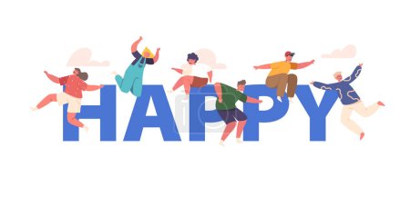 Illustration for Conceptual Poster with Energetic And Joyful, Happy Kids Jump With Excitement. Children Laughter, Carefree Leaps. Pure Joy And Innocence Of Childhood Banner or Flyer. Cartoon Vector Illustration - Royalty Free Image