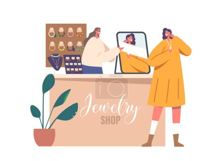 Illustration for Woman Character Gracefully Adorns Herself With Dazzling Jewelry, Exploring Different Pieces In A Store, Discovers The Perfect Accessory To Enhance Her Beauty. Cartoon People Vector Illustration - Royalty Free Image