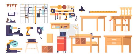 Illustration for Carpentry Workshop Items Set. Workbench, Saw, Hammer and Chisel, Screwdriver, Drill, Measuring Tape or Pliers. Sandpaper, Nails, Screws, Clamps, and Woodworking Vice. Cartoon Vector Illustration - Royalty Free Image