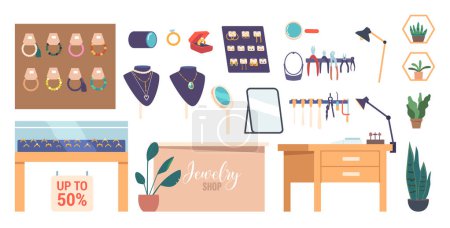 Illustration for Jewelry Workshop Items Set. Comprehensive Collection Of Tools And Materials Essential For Crafting Exquisite Jewelry. Pliers, Wire, Beads, Findings, And Unique Pieces. Cartoon Vector Illustration - Royalty Free Image