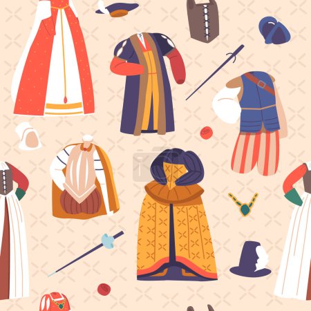 Illustration for Intricate Seamless Pattern with Renaissance Era Costumes, Featuring Rich Fabrics, Ornate Details, And Elegant Silhouettes. Adding A Touch Of Historical Flair To Design. Cartoon Vector Illustration - Royalty Free Image