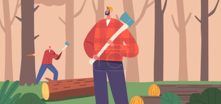 Illustration for Efficient Lumberjack Team Characters Expertly Cutting Wood, Displaying Precision, Teamwork, And Strength As They Fell Trees And Process Logs For Timber Production. Cartoon People Vector Illustration - Royalty Free Image
