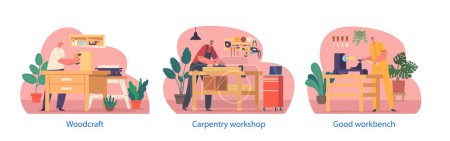 Illustration for Skilled Carpenter Characters Craft Woodwork In A Workshop Isolated Elements. Masters Using Workbench, Various Tools And Techniques to Create Aesthetic Pieces. Cartoon People Vector Illustration - Royalty Free Image