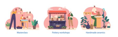 Illustration for Pottery Production Workshop Isolated Elements. Skilled Artisan Character Create Handmade Ceramics, Molding Clay Into Shapes. Masterclass for Kids, Production Retail. Cartoon People Vector Illustration - Royalty Free Image