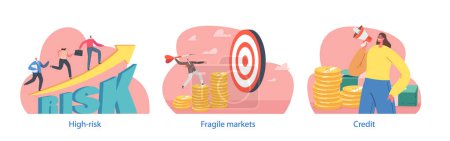 Illustration for High Growing Risk Investment Concept. Isolated Elements with Business Characters Rising Arrow Chart, Play Darts, Promote Risk Assessment, Strategic Decision-making. Cartoon People Vector Illustration - Royalty Free Image