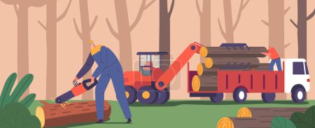 Skilled Lumberjack Team Diligently Prepares Wood. Male Character Employing Chainsaw Efficiently Sawing Timber For Various Purposes, Ensuring Safety and Quality. Cartoon People Vector Illustration