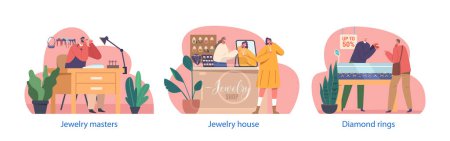 Illustration for Isolated Scenes Showcase Production and Retail Stages of Jewelry. Goldsmith Master Characters Produce Jewels in Workshop, Woman Trying Pieces in Store, Man Buy Ring. Cartoon People Vector Illustration - Royalty Free Image